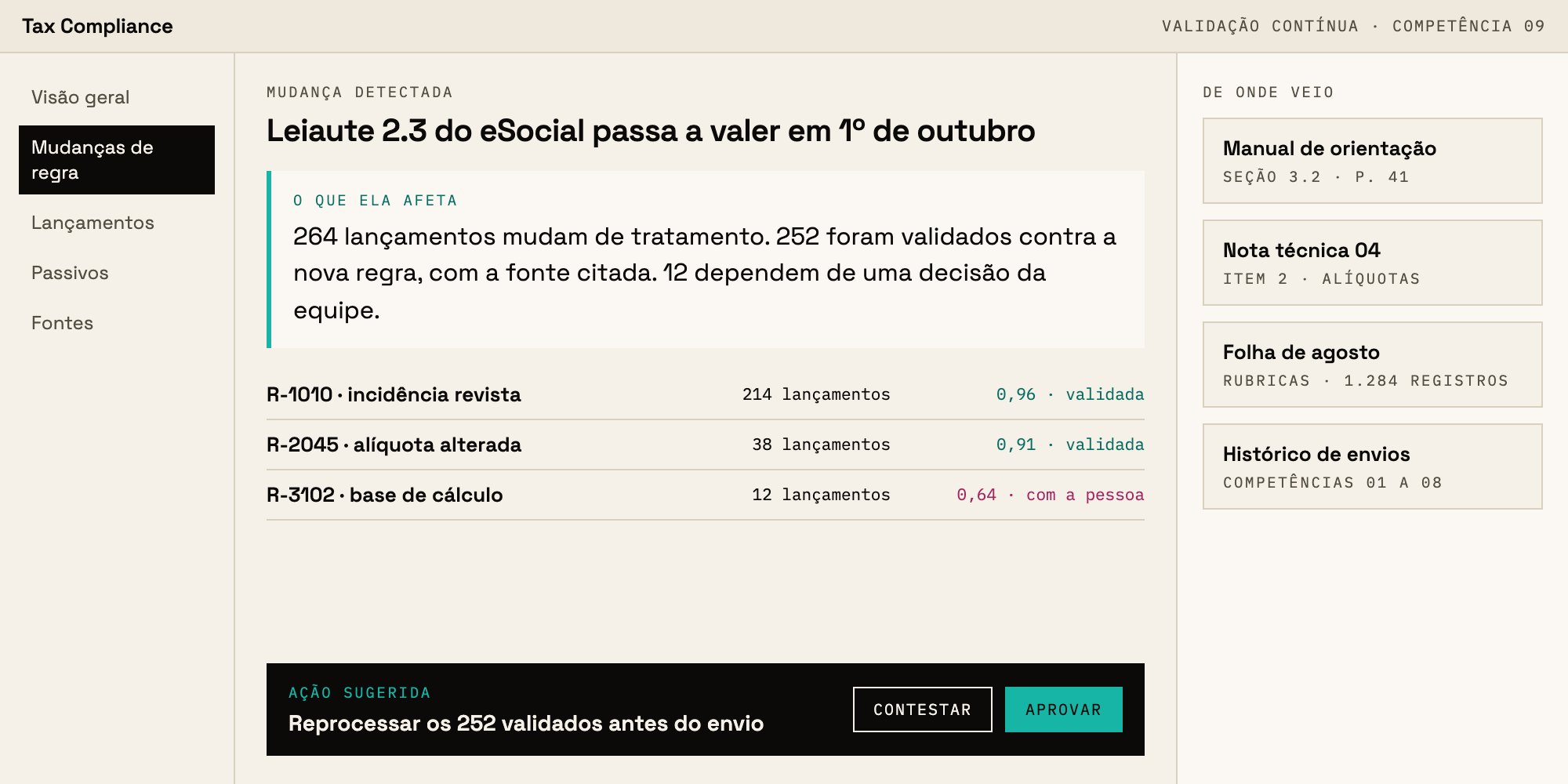 Tela do Tax Compliance: uma mudança de regra do eSocial, os lançamentos que ela afeta, os validados com a fonte citada, os que dependem de uma decisão da equipe e a ação sugerida.